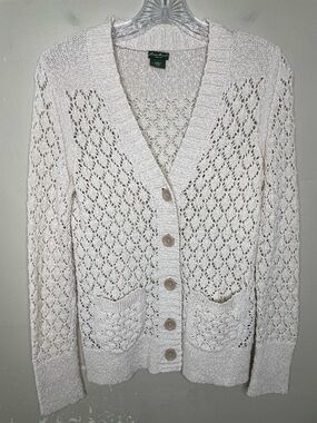 LL Bean Cream Open Knit Button Front Preppy Cottagecore Cardigan Sweater PXS